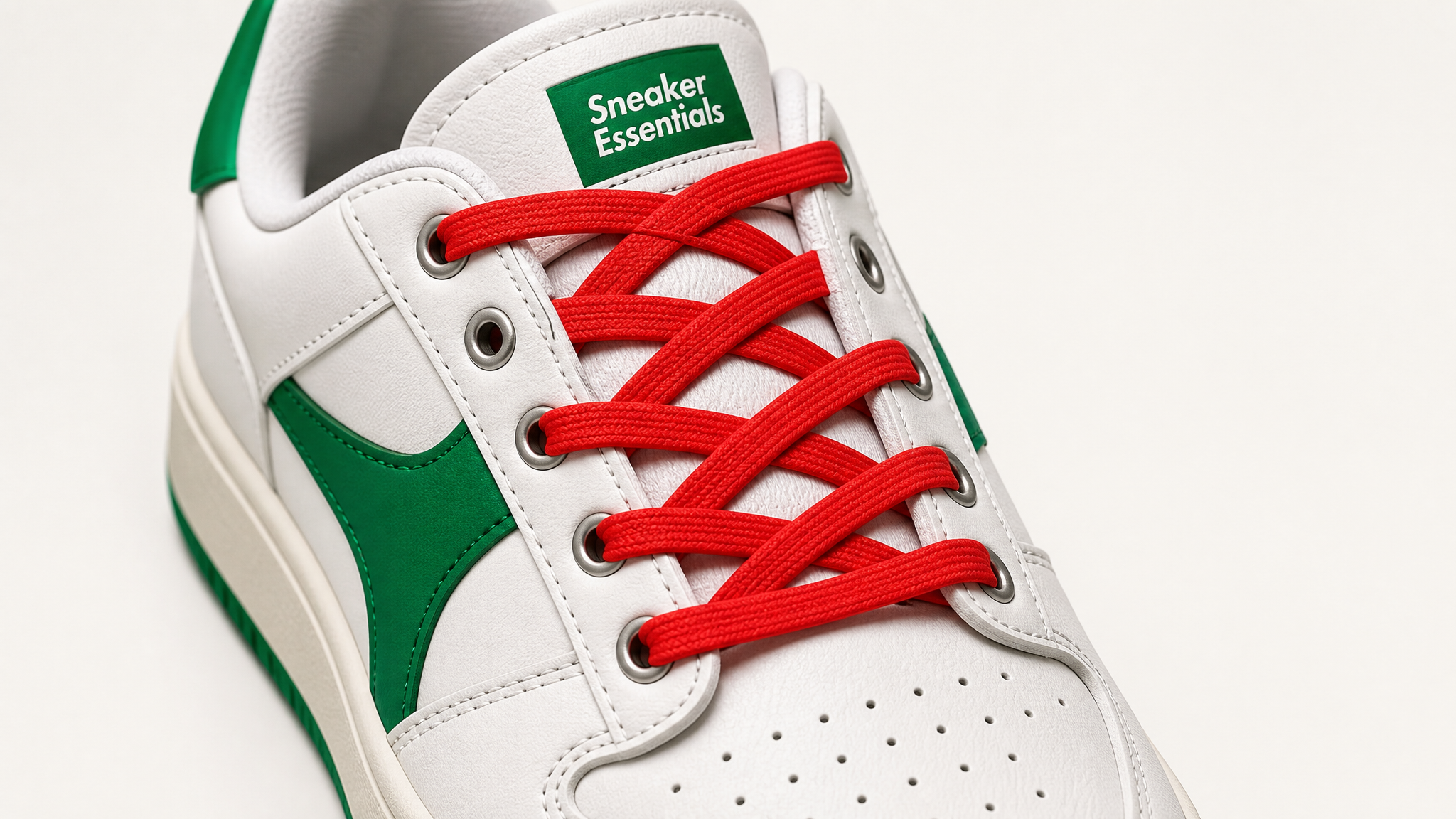 Detailfoto van een sneaker met een opvallende rode vetertechniek en groene accenten
