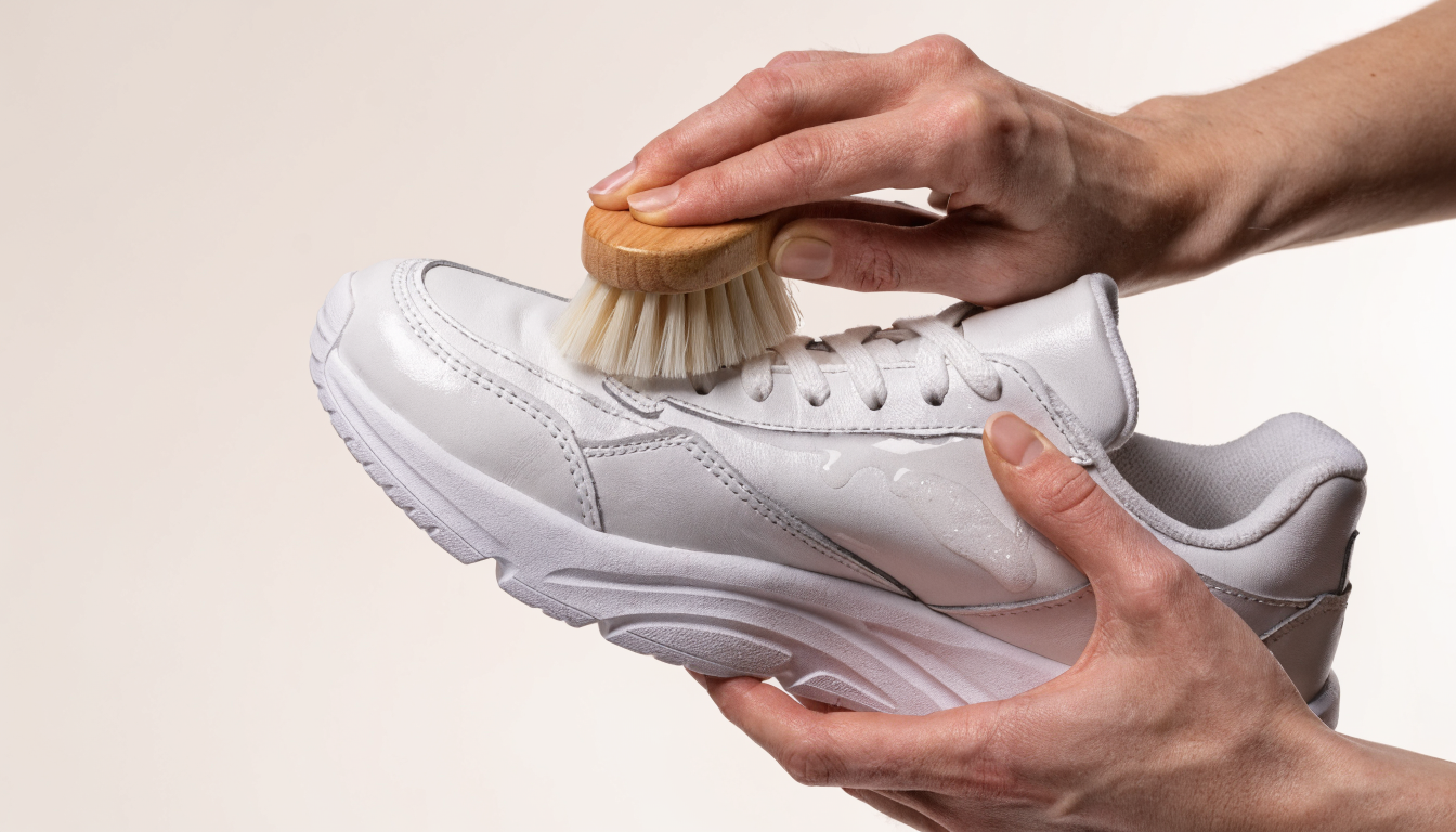 Twee handen reinigen zorgvuldig een witte sneaker met een zachte borstel en reinigingsmiddel in een rustige studioomgeving.