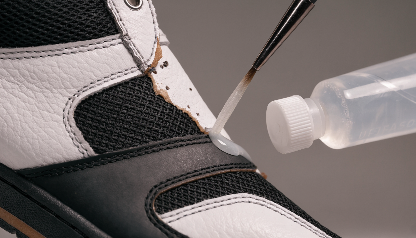 Detailfoto van een borsteltje dat schoenlijm aanbrengt op een gescheurde sneaker met een neutrale studioachtergrond.