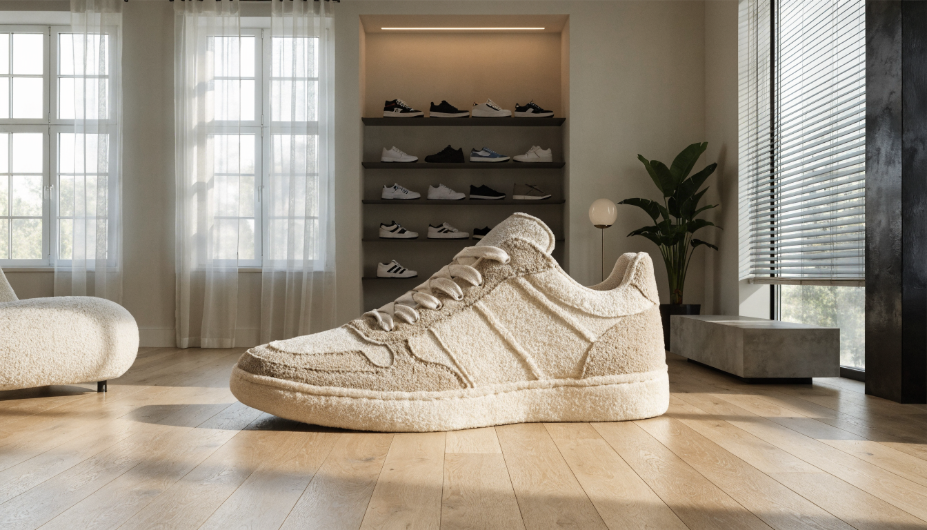 Een groot sneaker vormig vloerkleed ligt als kunstwerk op de houten vloer van een stijlvolle sneakerhead kamer met zacht daglicht.