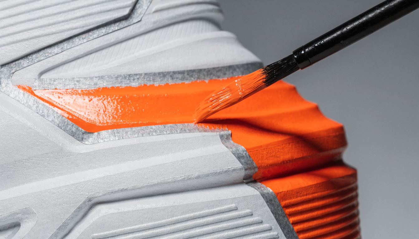 Close up foto van een sneaker midsole die met een felle contrastkleur wordt beschilderd terwijl afplaktape zorgt voor strakke scherpe randen