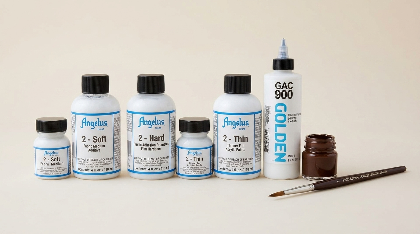 Angelus en Golden leerverf mengmiddelen zoals softener, hardener en thinner naast elkaar uitgestald.