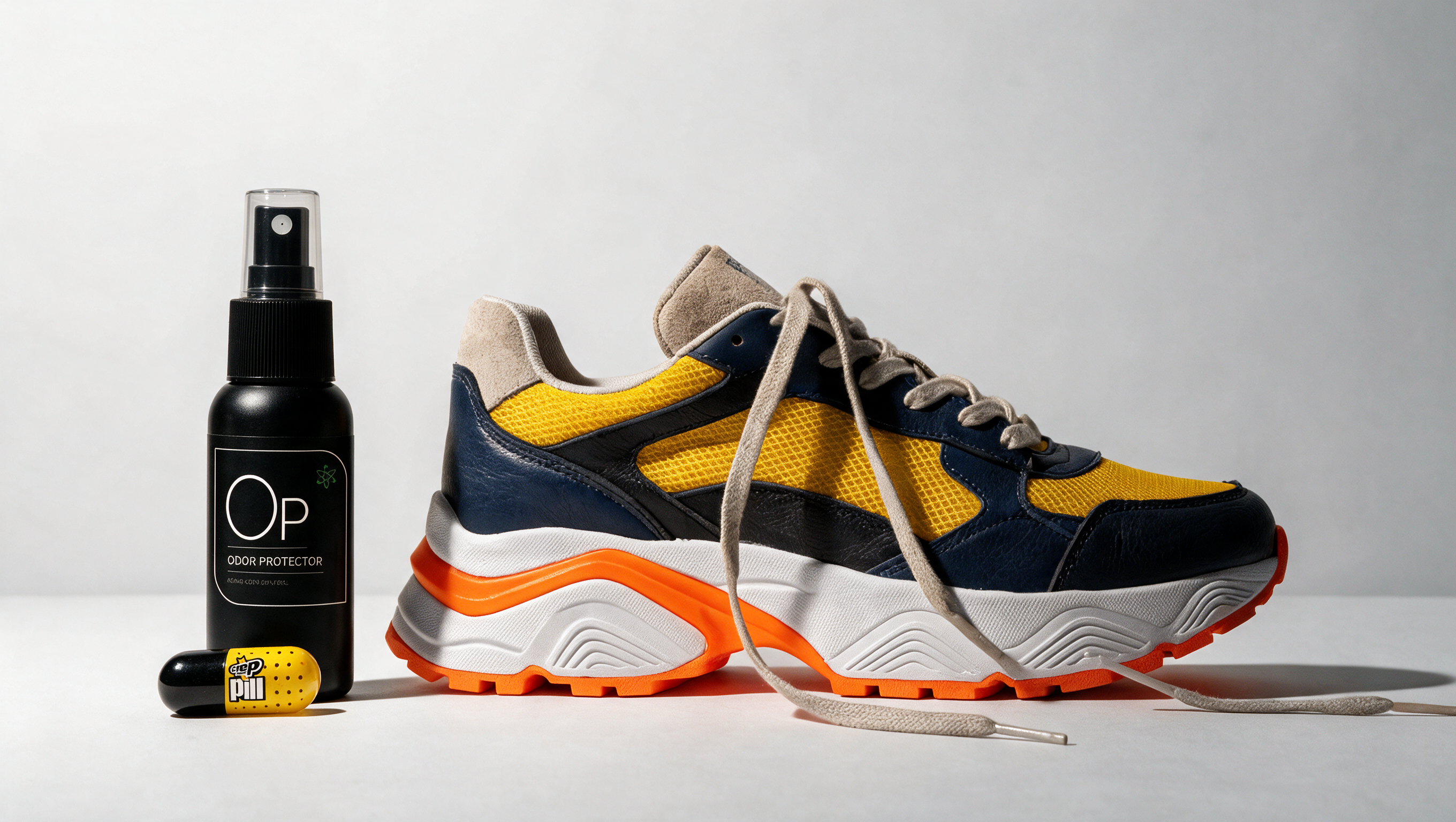 Een Crep Protect Pill en Sneaker LAB Odor Protector spray naast een kleurrijke custom sneaker tegen een rustige neutrale achtergrond.
