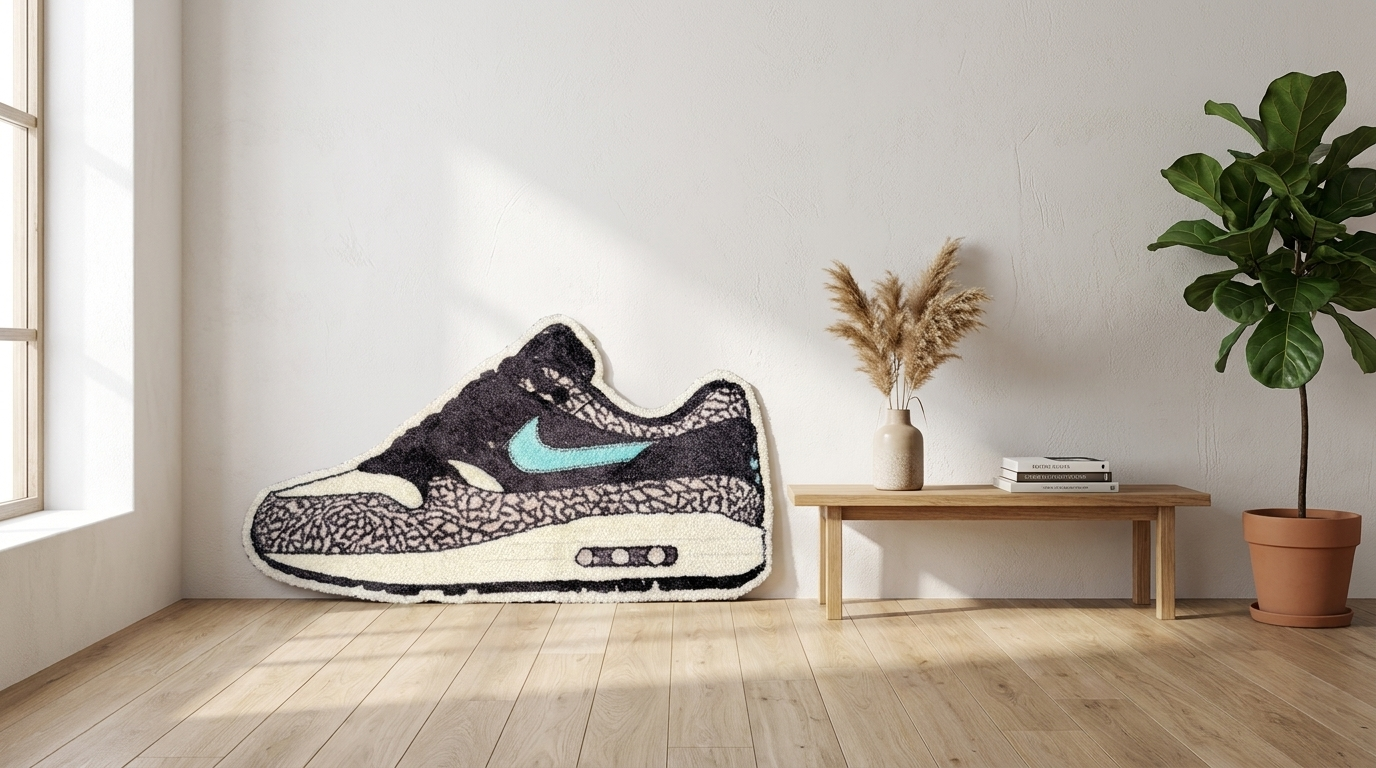 Een cutout vloerkleed in de vorm van een Air Max 1 colorway hangt als kunstwerk in een stijlvolle sneakerhead kamer.