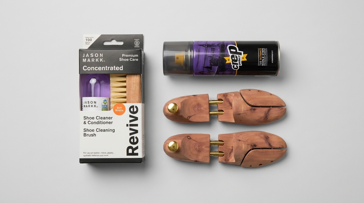 Jason Markk Essential Kit, Crep Protect Spray en ceder schoenspanners samen als complete sneaker onderhoudsset.
