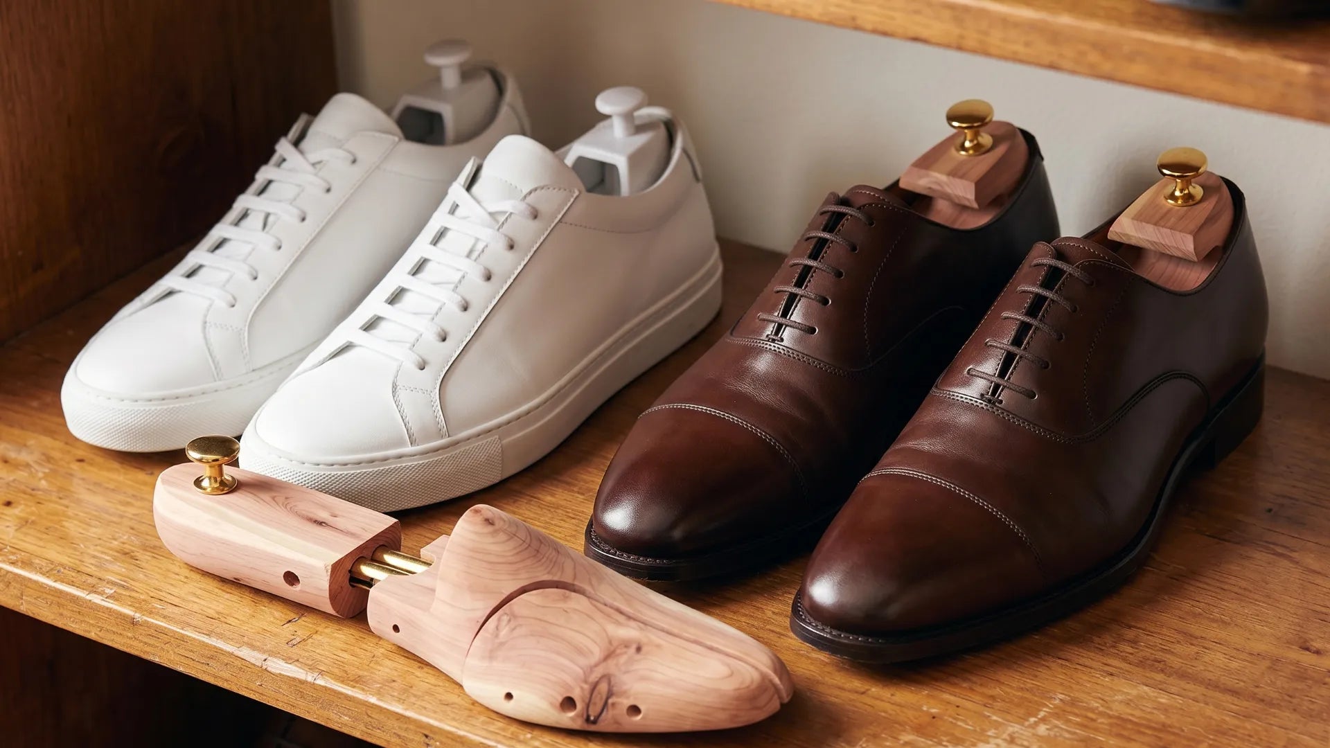 Twee paar schoenen met houten schoenspanners erin geplaatst om de vorm te behouden